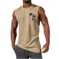 Men's casual sleeveless tank top fitness muscle gym shirt with palm tree print khaki - S / Tops / Khaki