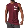 Men's casual sleeveless tank top detail, maroon muscle shirt with white palm tree print graphic. - 3XL / Tops / Thick Tree Print in Wine Red