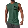 Men's green palm tree print muscle tank top casual gym workout sleeveless shirt detail. - 3XL / Tops / Thick Tree Print in Purple