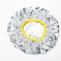 Silver tin foil hair cap for salon treatment and oil care with yellow elastic band variant. - Diameter 30 cm, 0.03 mm Thickness / Silver With Yellow Border