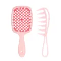 Juego de cepillos de pelo rosas, cepillo plano hueco y peine de dientes anchos para peinado. - Rosa