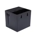 Black hair salon tool storage box with scissor cutout and wall mount slots for styling items. - Black