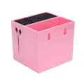 Pink hairdressing tool storage box with black bristle insert, scissors cutout and wall mount slots. - Pink