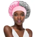 Silk sleep cap for hair care, double-tone satin bonnet with wide elastic band for sleeping. - Pink & Gray