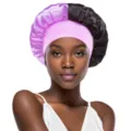 Silk sleep cap for women, dual-color satin hair bonnet with wide band for night hair care. - Light Purple and Black
