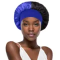 Satin sleep bonnet for hair care, dual-color blue and black wide band design, comfortable night cap. - Royal Blue and Black