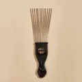 Metal teeth afro pick comb with black fist handle for curly hair styling and barber use. - C2