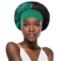 Two-tone satin sleep cap for women, wide band hair bonnet for night sleeping care. - Green and Black
