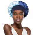 Dual-color satin sleep bonnet for curly hair care, soft elastic edge night cap for women. - Sky Blue + Navy Blue