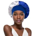 Dual tone satin sleep cap for hair care and styling, comfortable wide band night bonnet. - White and Royal Blue