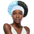 Two-tone satin sleep bonnet for hair care, soft wide band sleeping cap, blue and black. - Light Blue and Black