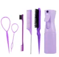 Hair styling tools set including tail comb, teasing brush, edge brush and spray bottle. - Purple Comb Set