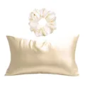 Federa in raso di seta e scrunchie abbinato per capelli lisci e un sonno confortevole. - Scatola regalo / Set da 2 pezzi champagne