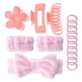 Pink 16-piece hair accessories set including claw clips, fluffy headbands, and elastic hair ties for daily use. - 16-Piece Set / Pink