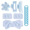 Blue hair accessories set, plush headband, wristbands, and claw clips for daily skincare. - 16-Piece Set / Blue