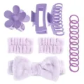 Purple Skincare Hair Accessories Set, Plush Headband Claw Clips and Elastic Hair Ties. - 16-Piece Set / Purple