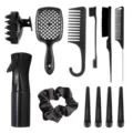 Juego profesional de cepillos de pelo y herramientas de estilo con botella de spray y pinzas. - Juego de 12 / Negro