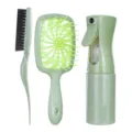 Set di spazzole per capelli verdi con spazzola piatta traforata, spazzola per bordi e flacone spray. - Set di 3 pezzi / Imballaggio in sacchetto / Verde Paglia di Grano