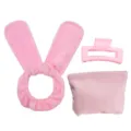 Pink hair accessory set including cute bunny ear headband, claw clip, and storage pouch. - Pink (Roller+Clip+Bag)