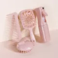 Juego de cepillos de pelo de paja de trigo con peine hueco y frasco pulverizador práctico. - Set de 4 piezas / Rosa