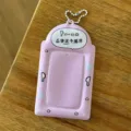 Pink 3-inch photocard holder cute acrylic ID card sleeve with chain for idol photocards and student cards. - Tasting the World Card Sleeves