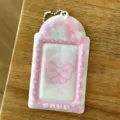 Pink bow photocard holder, 3 inch idol card protector with chain, cute kawaii aesthetic display. - Pink Ribbon 3-Inch Card Sleeves