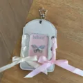 Silver leather photocard holder with ribbon bows, 3-inch polaroid ID card protective case. - Vertical Silver Leather Card Sleeve