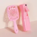 Juego de cepillo de pelo rosa y botella de spray, peine de masaje hueco portatil. - Set de dos piezas / Rosa