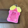 Pink yellow plush card holder 3 inch photocard protector cute fuzzy ID badge holder with keyring - Rabbit Plush Card Holder / Pink Yellow