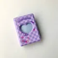 Mini 3 inch photocard binder detail view, purple checkered cover with heart window design. - 3-Inch Purple Plaid Photo Album (Holds 40)