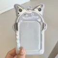 Detailed view of the cute cat ear PVC photocard holder, perfect for 3-inch idol cards. - Heart Earphone Cat Card Holder / Grey Blue