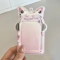 Detailed view of the cute cat ear PVC photocard holder with headphone design for 3-inch cards. - Heart Earphone Cat Card Holder / Pink