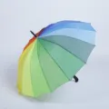 Rainbow long handle umbrella with vibrant multi-color panels for bright rainy days protection. - 16-Rib Polyester Rainbow Umbrella (Long Handle)