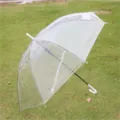 Clear transparent long-handle umbrella with white curved hook handle for rainy days outdoors. - Clear White