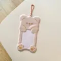 Soportes para tarjetas de oso bonito de 3 pulgadas protector con cadena rosa - Oso de peluche / Color Té con Leche
