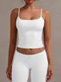 Detailed view of the women's solid white low scoop neck tank top, soft fabric and slim fit. - XS / Off White