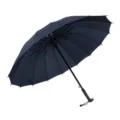 Navy blue 16-rib long handle umbrella with classic curved handle and sturdy straight shaft. - 16-Rib Pongee Navy Blue Umbrellas (Long Handle)
