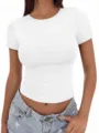 Solid color casual basic round neck slim fit short sleeve cropped t-shirt for women summer. - XS / Tops / White