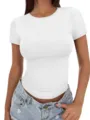 Maglietta bianca aderente a maniche corte da donna, top estivo casual con collo rotondo. - Taglia L / Bianco avorio