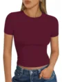 Maglietta corta donna slim fit manica corta girocollo top estivo tinta unita casual - Taglia S / Nero