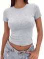 Solid color crew neck short sleeve slim fit crop top detail view summer fashion - XS / Tops / Light Gray
