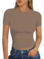 Top corto aderente da donna in tinta unita maglietta estiva manica corta casual. - Taglia S / Kaki