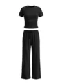 Black two-piece workout set, short sleeve ruched top and wide-leg pants detail. - XS / Top And Bottom / Bright Red