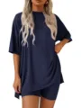 Casual loose solid color short sleeve top and shorts two piece set detail view, soft fabric. - S / Top And Bottom / Black