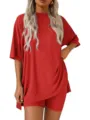 Women casual solid color ribbed short sleeve t-shirt and shorts two piece lounge set outfit - S / Top And Bottom / Red
