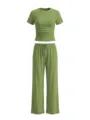 Green casual two-piece tracksuit set with short sleeve top and wide leg pants for workout fitness - XS / Top And Bottom / Matcha Green