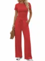 Details of the solid red short sleeve top and high waist wide leg lounge pants set. - XS / Top And Bottom / Bright Red