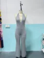 Grey halter neck deep V-neck sleeveless slim fit flare leg jumpsuit for women summer casual wear. - XS / Top And Bottom / Gray