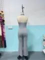 Gray halter backless tight jumpsuit detail view, showing soft ribbed stretch fabric. - XS / Top And Bottom / Gray