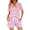 Set pigiama rosa da donna con stampa di scimmie, top a maniche corte e pantaloncini con coulisse e tasche. - Taglia S / Rosa